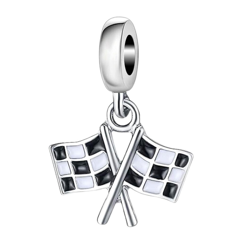 6812 Flag Charm 925 Sterling Silver Checkered Flag Pendant Racing Bead